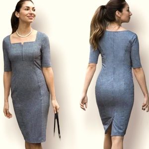 Betabrand Executive Ponte Midi Dress Blue linen gray short sleeve -M